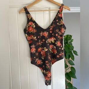 Wild Fable Women’s Floral Tank Body Suit With Snap Closure Brown Pink Red Green